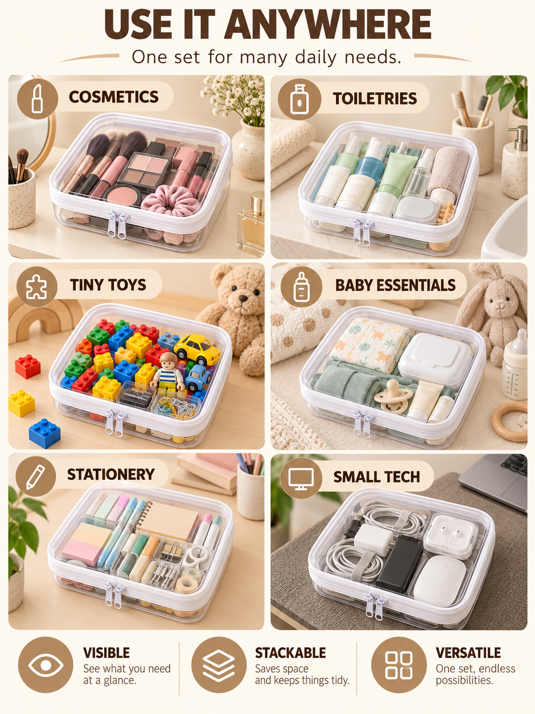 🌟Clear Organizer Storage Box 🌟4PCS Clear Hard Zipper Case PVC Plastic Clear Storage Containers