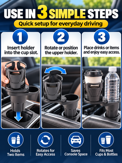🚗 Auto Deal – 2-in-1 Rotating Cup Holder Expander ☕ 360° Adjustable Car Drink Organizer for Bottles & Cups ✨