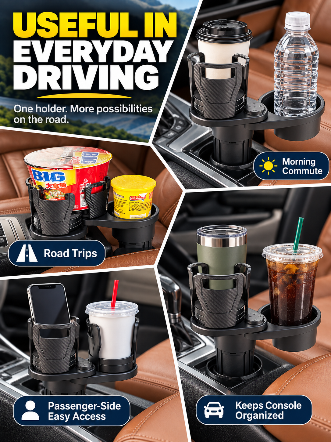 🚗 Auto Deal – 2-in-1 Rotating Cup Holder Expander ☕ 360° Adjustable Car Drink Organizer for Bottles & Cups ✨