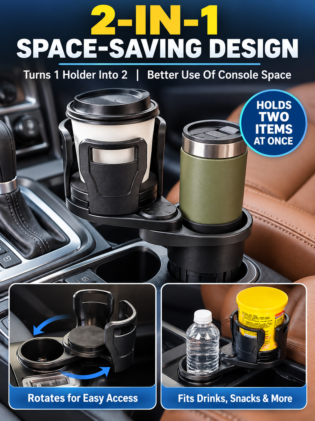🚗 Auto Deal – 2-in-1 Rotating Cup Holder Expander ☕ 360° Adjustable Car Drink Organizer for Bottles & Cups ✨