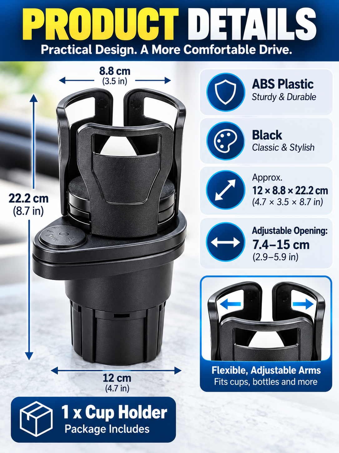 🚗 Auto Deal – 2-in-1 Rotating Cup Holder Expander ☕ 360° Adjustable Car Drink Organizer for Bottles & Cups ✨