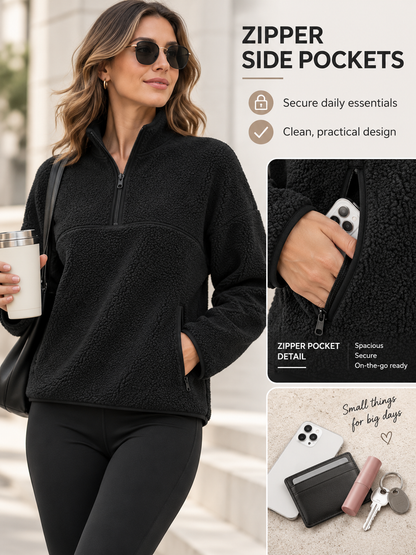 🍂 Cozy Style Deal – Women’s Half-Zip Fleece Pullover 🧥 Soft, Breathable Layer for School, Outdoors & Everyday Wear ✨
