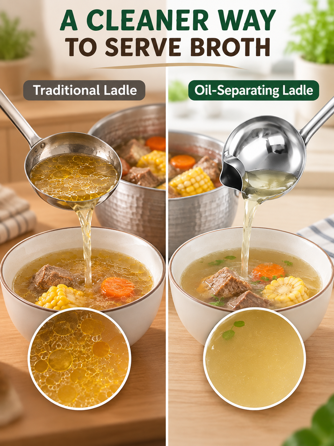 🍳 Kitchen Deal – 3 -Piece Stainless Steel Fat Skimmer 🥄 Fine-Mesh Ladle for Removing Oil from Soups, Broths & Cooking ✨