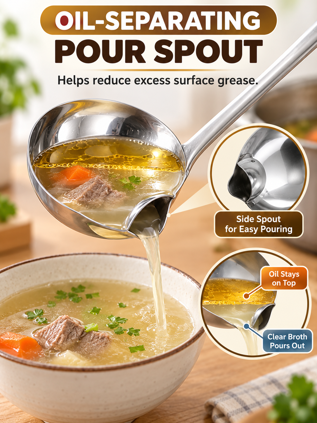 🍳 Kitchen Deal – 3 -Piece Stainless Steel Fat Skimmer 🥄 Fine-Mesh Ladle for Removing Oil from Soups, Broths & Cooking ✨