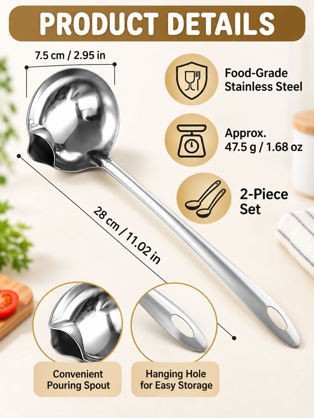 🍳 Kitchen Deal – 3 -Piece Stainless Steel Fat Skimmer 🥄 Fine-Mesh Ladle for Removing Oil from Soups, Broths & Cooking ✨