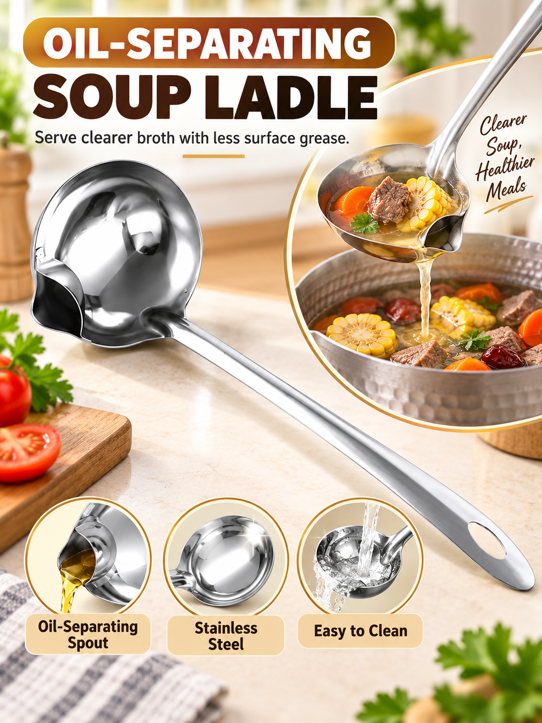 🍳 Kitchen Deal – 3 -Piece Stainless Steel Fat Skimmer 🥄 Fine-Mesh Ladle for Removing Oil from Soups, Broths & Cooking ✨