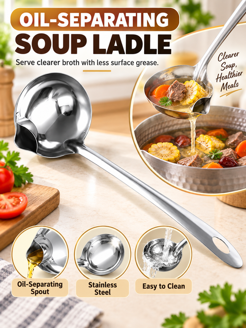 🍳 Kitchen Deal – 3 -Piece Stainless Steel Fat Skimmer 🥄 Fine-Mesh Ladle for Removing Oil from Soups, Broths & Cooking ✨