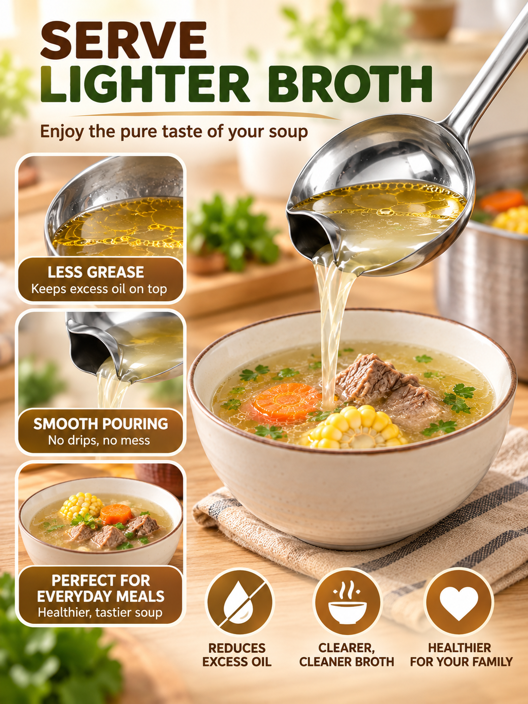 🍳 Kitchen Deal – 3 -Piece Stainless Steel Fat Skimmer 🥄 Fine-Mesh Ladle for Removing Oil from Soups, Broths & Cooking ✨