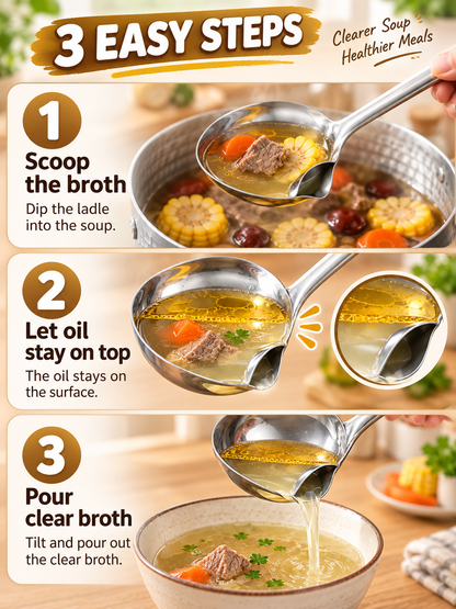 🍳 Kitchen Deal – 3 -Piece Stainless Steel Fat Skimmer 🥄 Fine-Mesh Ladle for Removing Oil from Soups, Broths & Cooking ✨
