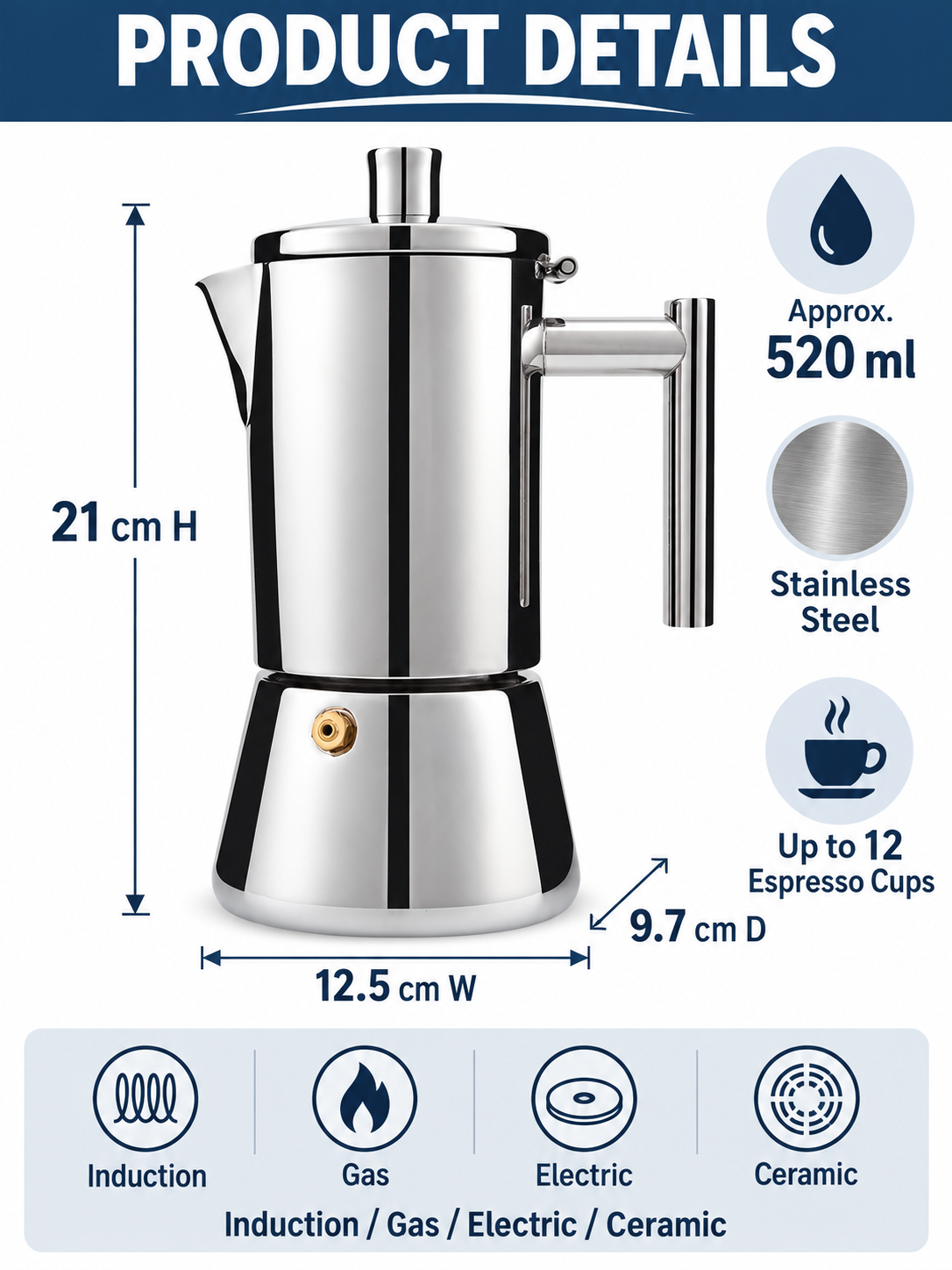 ☕ Coffee Deal – 12-Cup Stainless Steel Moka Pot ✨ 520ml Stovetop Espresso Brewer for Rich Italian-Style Coffee 🇮🇹