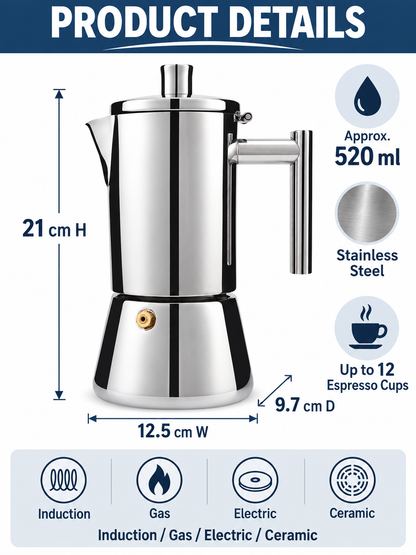 ☕ Coffee Deal – 12-Cup Stainless Steel Moka Pot ✨ 520ml Stovetop Espresso Brewer for Rich Italian-Style Coffee 🇮🇹