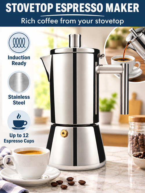 ☕ Coffee Deal – 12-Cup Stainless Steel Moka Pot ✨ 520ml Stovetop Espresso Brewer for Rich Italian-Style Coffee 🇮🇹