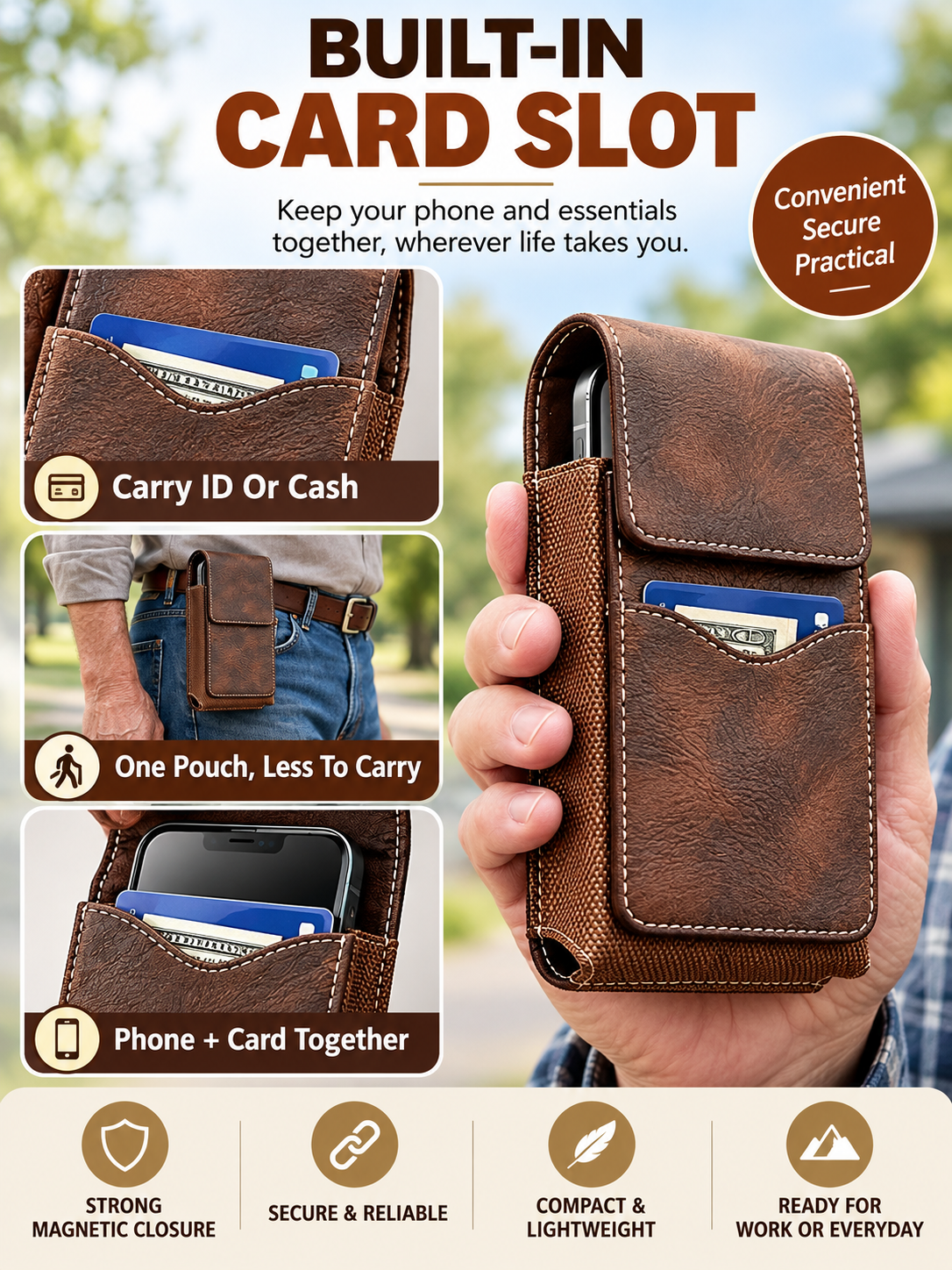 🎁 Utility Gift Deal – Men’s Belt Phone Pouch 📱 Magnetic Closure, Card Slot & Metal Clip for Work, Travel & Outdoor Use 🔧
