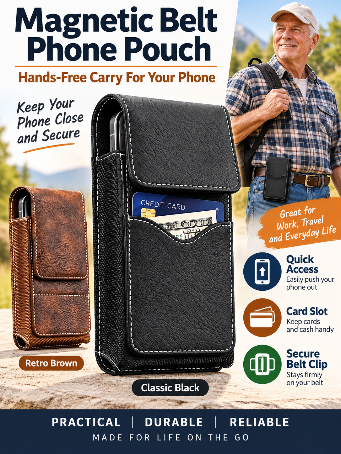 🎁 Utility Gift Deal – Men’s Belt Phone Pouch 📱 Magnetic Closure, Card Slot & Metal Clip for Work, Travel & Outdoor Use 🔧