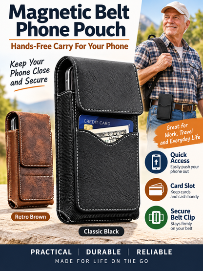 🎁 Utility Gift Deal – Men’s Belt Phone Pouch 📱 Magnetic Closure, Card Slot & Metal Clip for Work, Travel & Outdoor Use 🔧