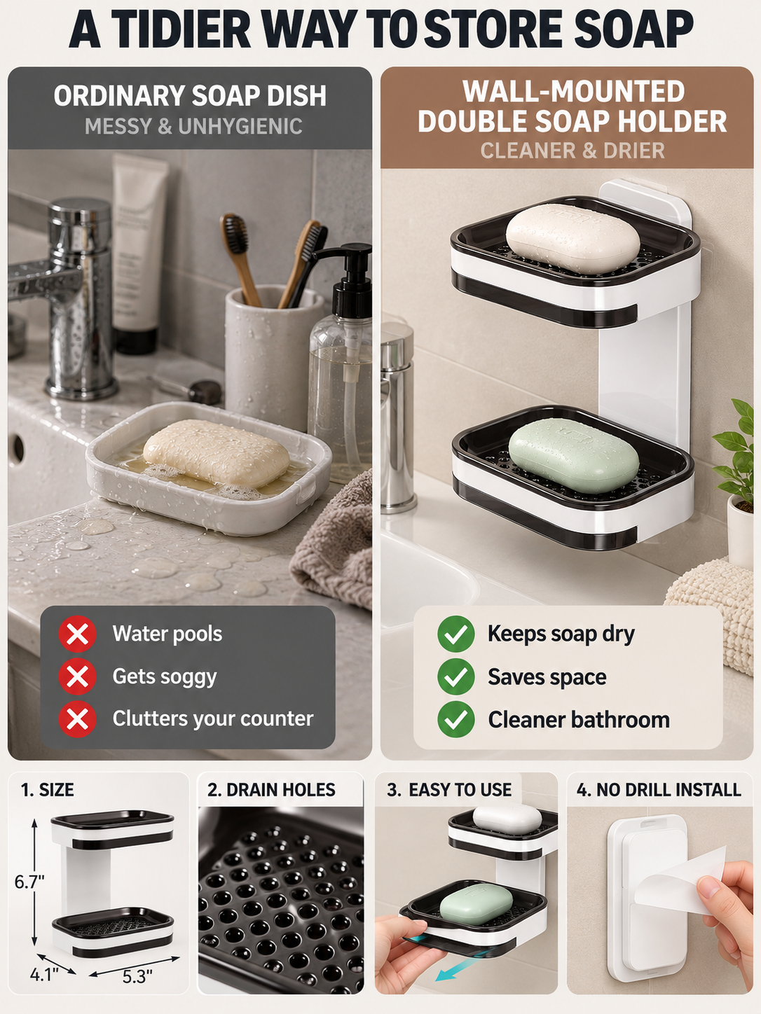 🚿 Bathroom Deal – No-Drill Double-Layer Soap Holder 🧼 Wall-Mounted Shower Organizer with Quick-Drain Tray ✨