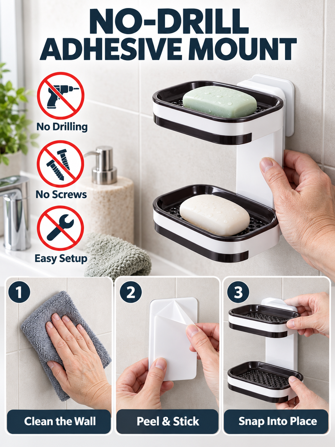 🚿 Bathroom Deal – No-Drill Double-Layer Soap Holder 🧼 Wall-Mounted Shower Organizer with Quick-Drain Tray ✨