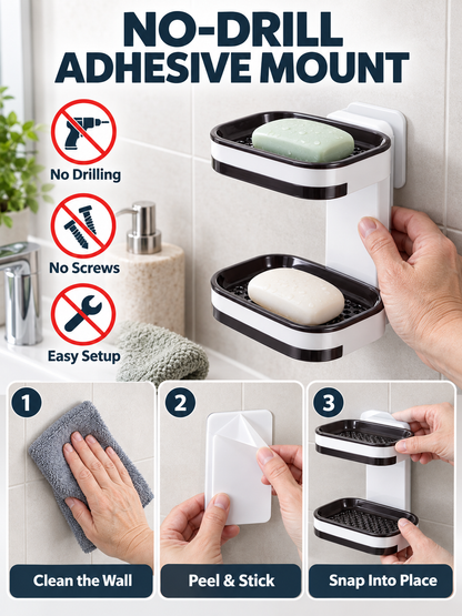 🚿 Bathroom Deal – No-Drill Double-Layer Soap Holder 🧼 Wall-Mounted Shower Organizer with Quick-Drain Tray ✨
