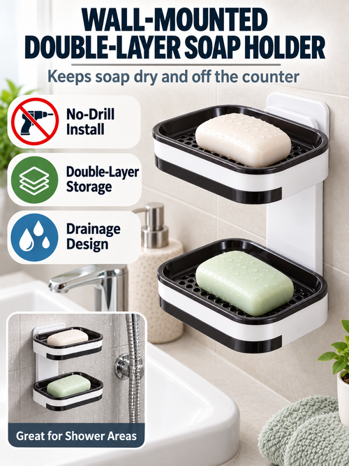 🚿 Bathroom Deal – No-Drill Double-Layer Soap Holder 🧼 Wall-Mounted Shower Organizer with Quick-Drain Tray ✨
