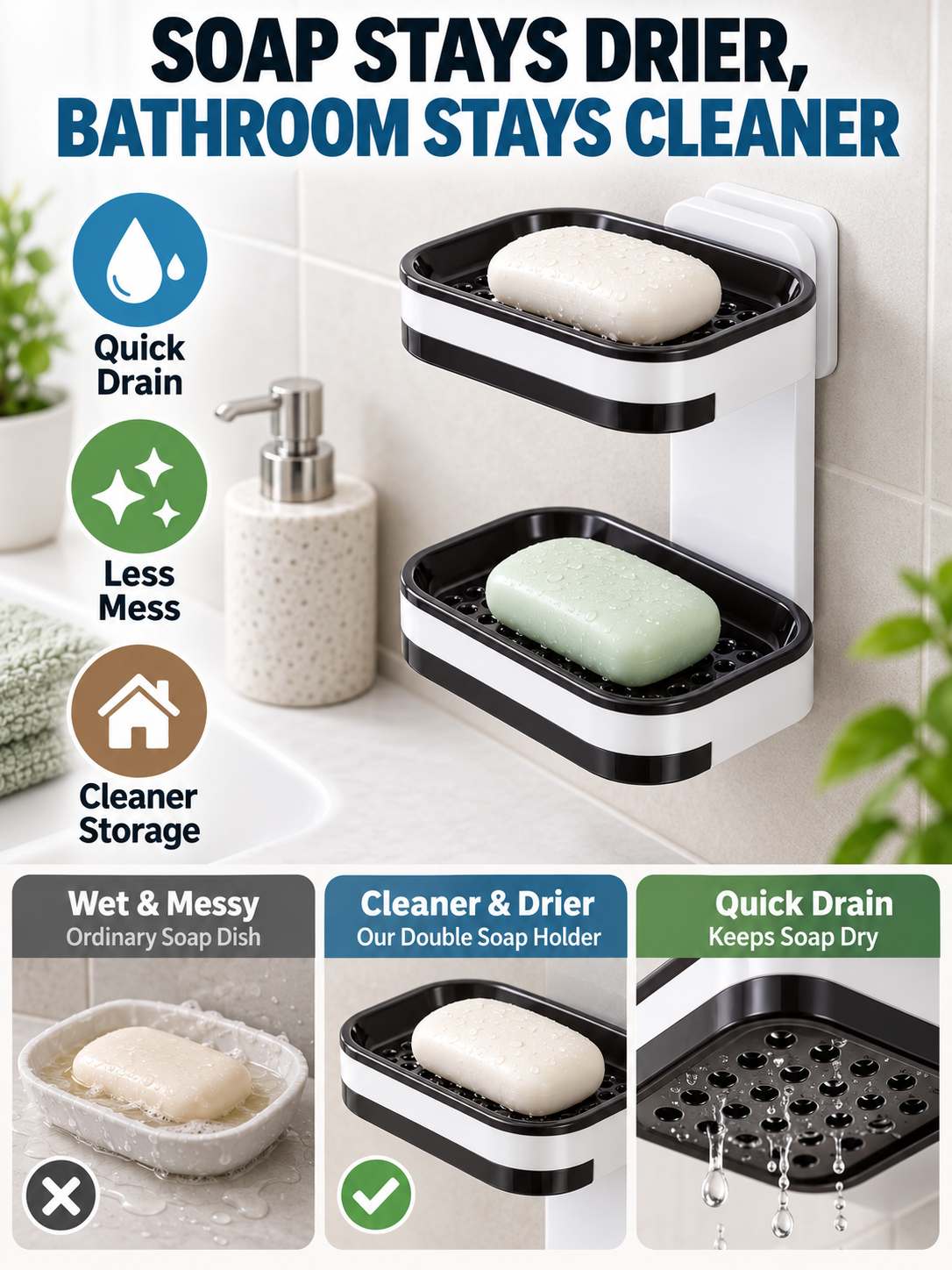 🚿 Bathroom Deal – No-Drill Double-Layer Soap Holder 🧼 Wall-Mounted Shower Organizer with Quick-Drain Tray ✨