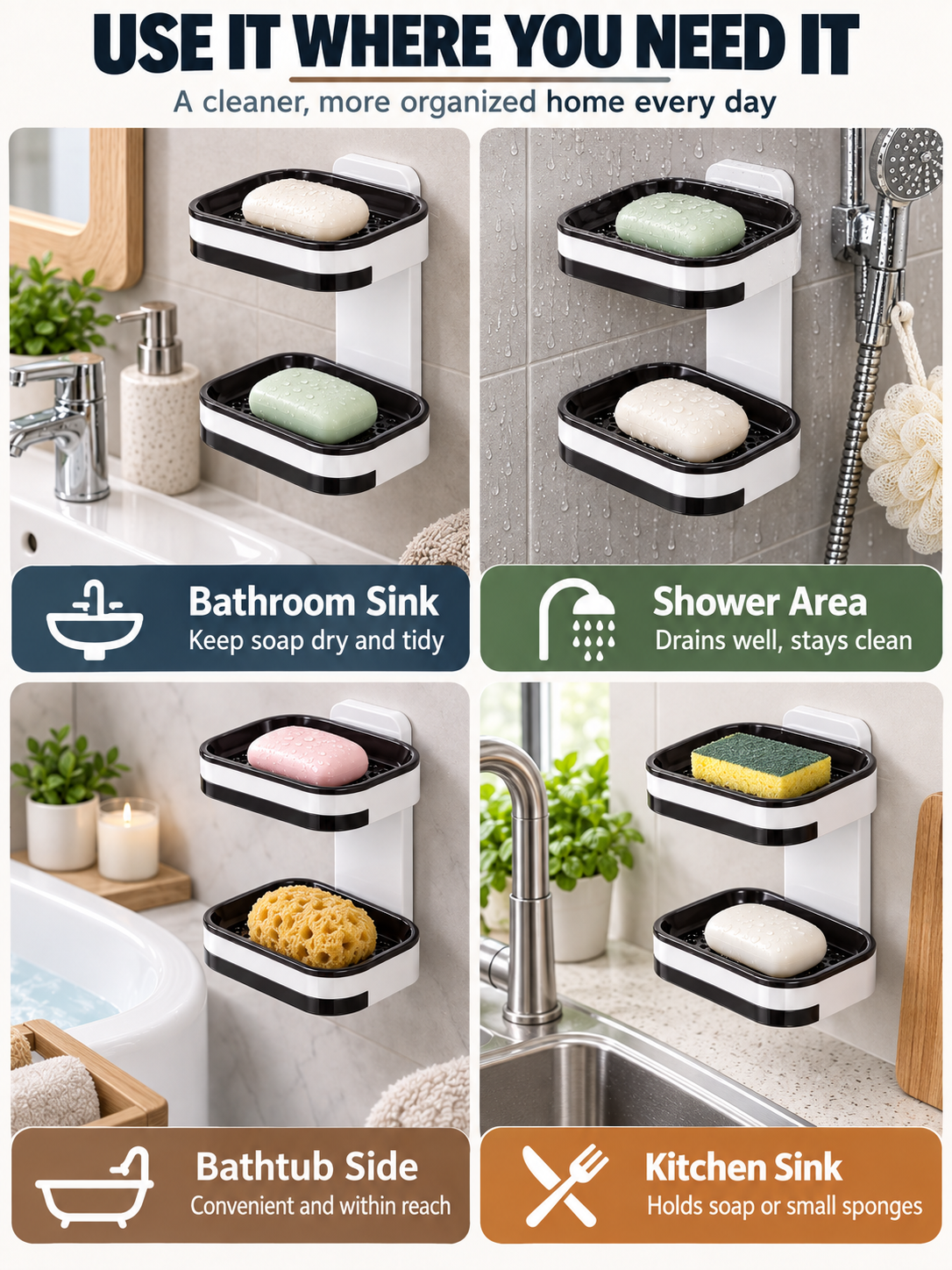 🚿 Bathroom Deal – No-Drill Double-Layer Soap Holder 🧼 Wall-Mounted Shower Organizer with Quick-Drain Tray ✨