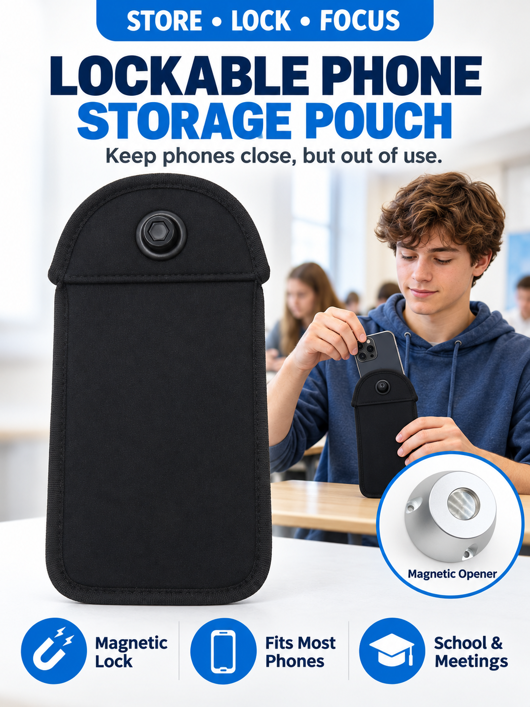 📱 Student Essential Deal – Lockable Phone Storage Pouch 🔒 Neoprene Case with Snap Closure for Devices up to 6.5″ 🎒