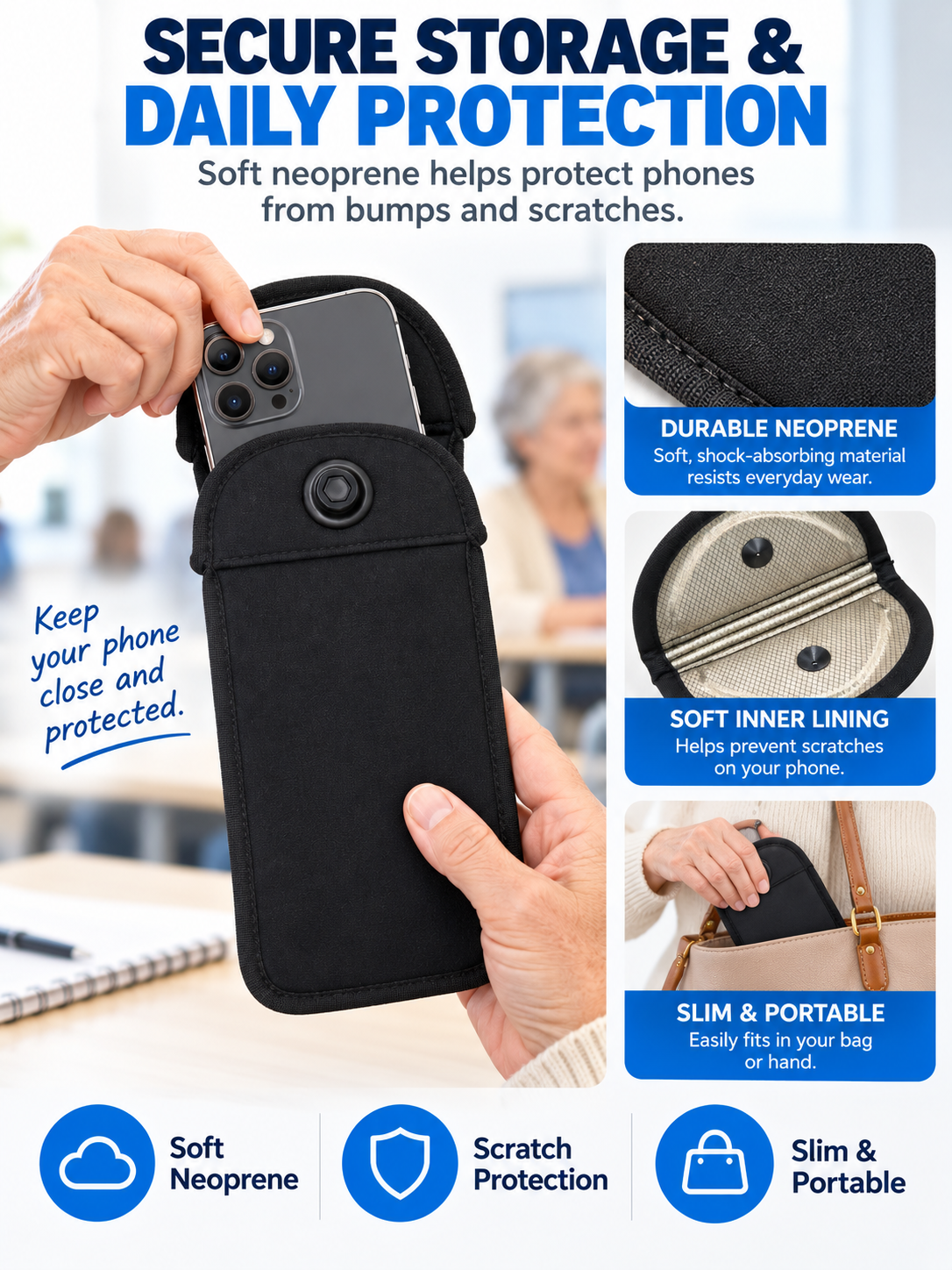 📱 Student Essential Deal – Lockable Phone Storage Pouch 🔒 Neoprene Case with Snap Closure for Devices up to 6.5″ 🎒