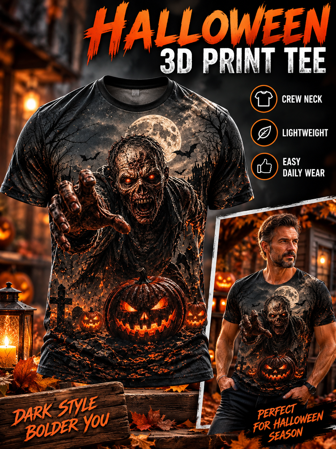 🎃 Halloween Deal – 3D Horror Print Streetwear Tee 👻 Spooky Pumpkin & Haunted House Graphic Top for Horror Fans 🖤