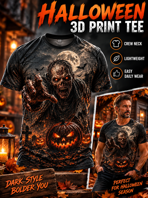 🎃 Halloween Deal – 3D Horror Print Streetwear Tee 👻 Spooky Pumpkin & Haunted House Graphic Top for Horror Fans 🖤