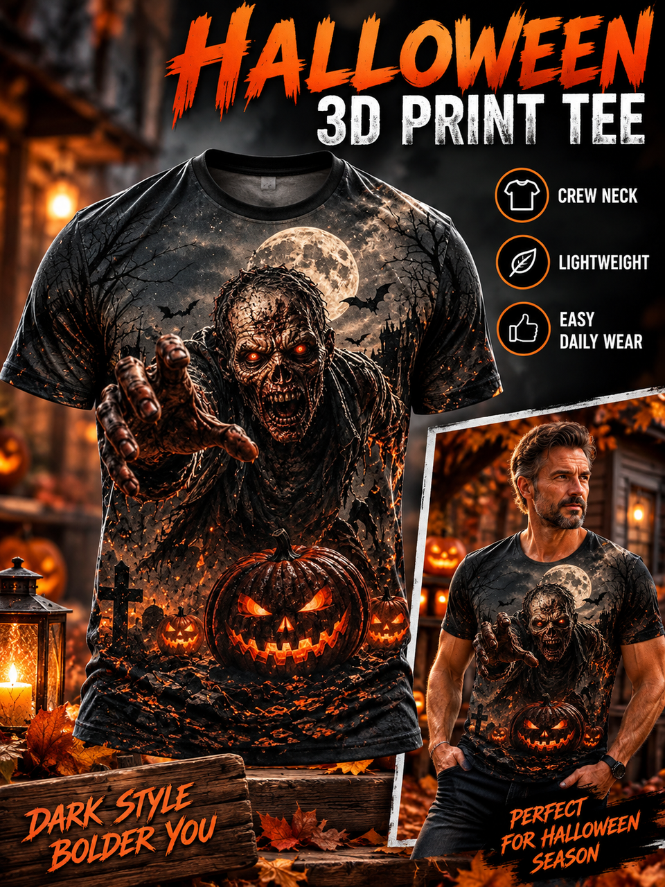 🎃 Halloween Deal – 3D Horror Print Streetwear Tee 👻 Spooky Pumpkin & Haunted House Graphic Top for Horror Fans 🖤