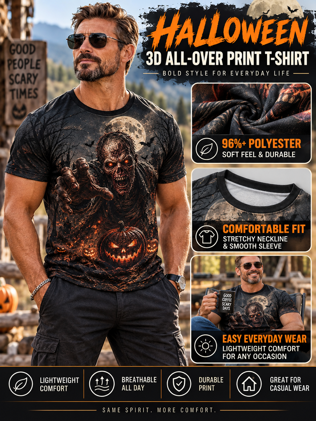 🎃 Halloween Deal – 3D Horror Print Streetwear Tee 👻 Spooky Pumpkin & Haunted House Graphic Top for Horror Fans 🖤