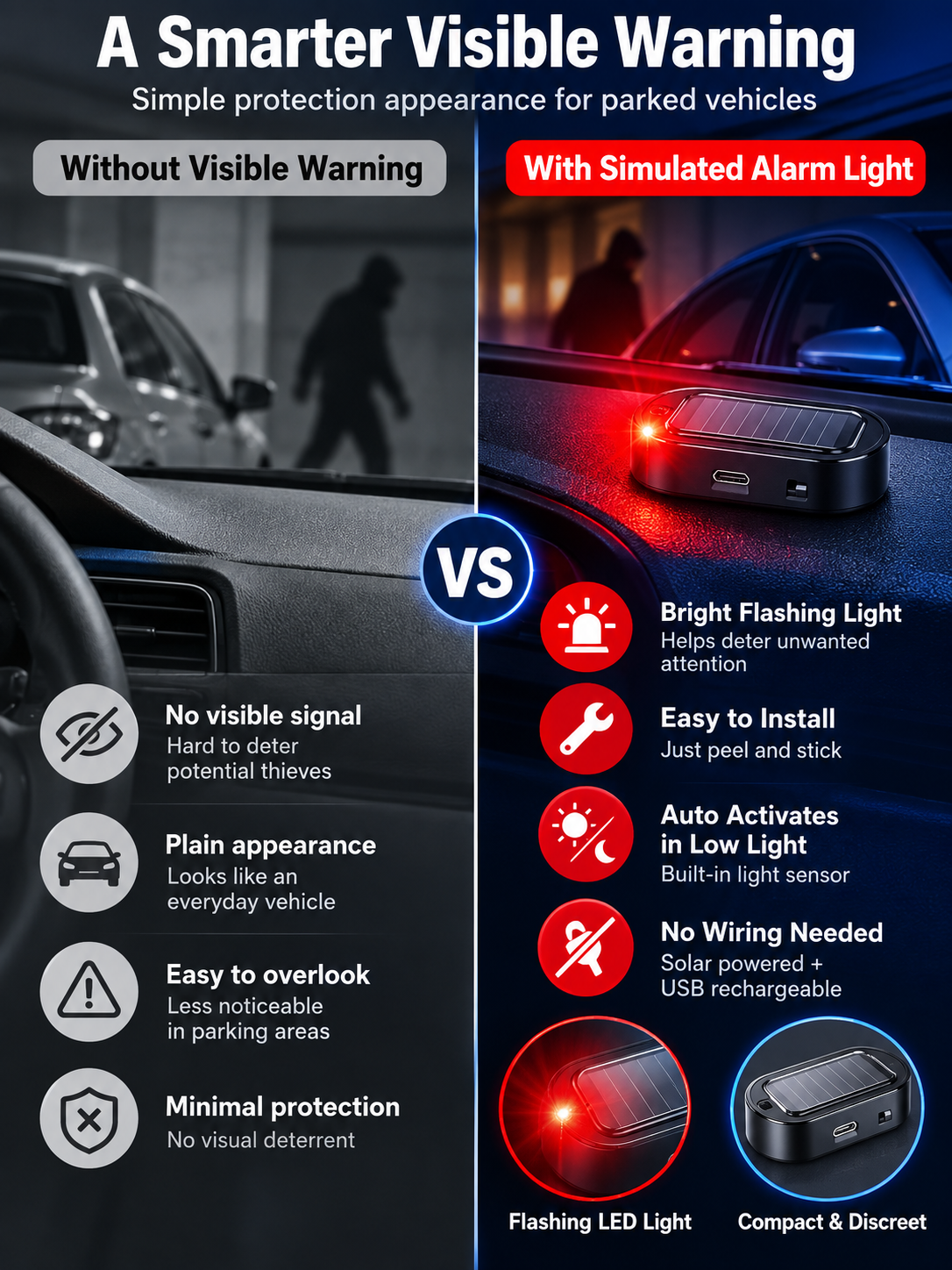 🚗 Auto Accessory Deal – 2-Pack Solar LED Warning Lights ☀️ Wireless Flashing Car Security Decoys with Automatic Light Sensor ✨