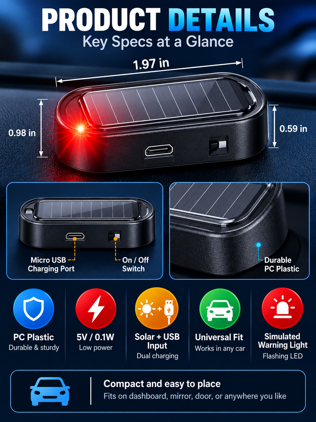 🚗 Auto Accessory Deal – 2-Pack Solar LED Warning Lights ☀️ Wireless Flashing Car Security Decoys with Automatic Light Sensor ✨