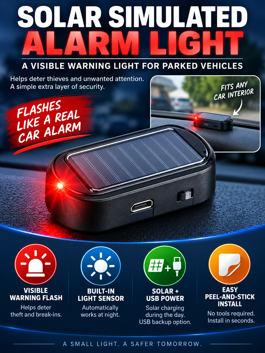 🚗 Auto Accessory Deal – 2-Pack Solar LED Warning Lights ☀️ Wireless Flashing Car Security Decoys with Automatic Light Sensor ✨