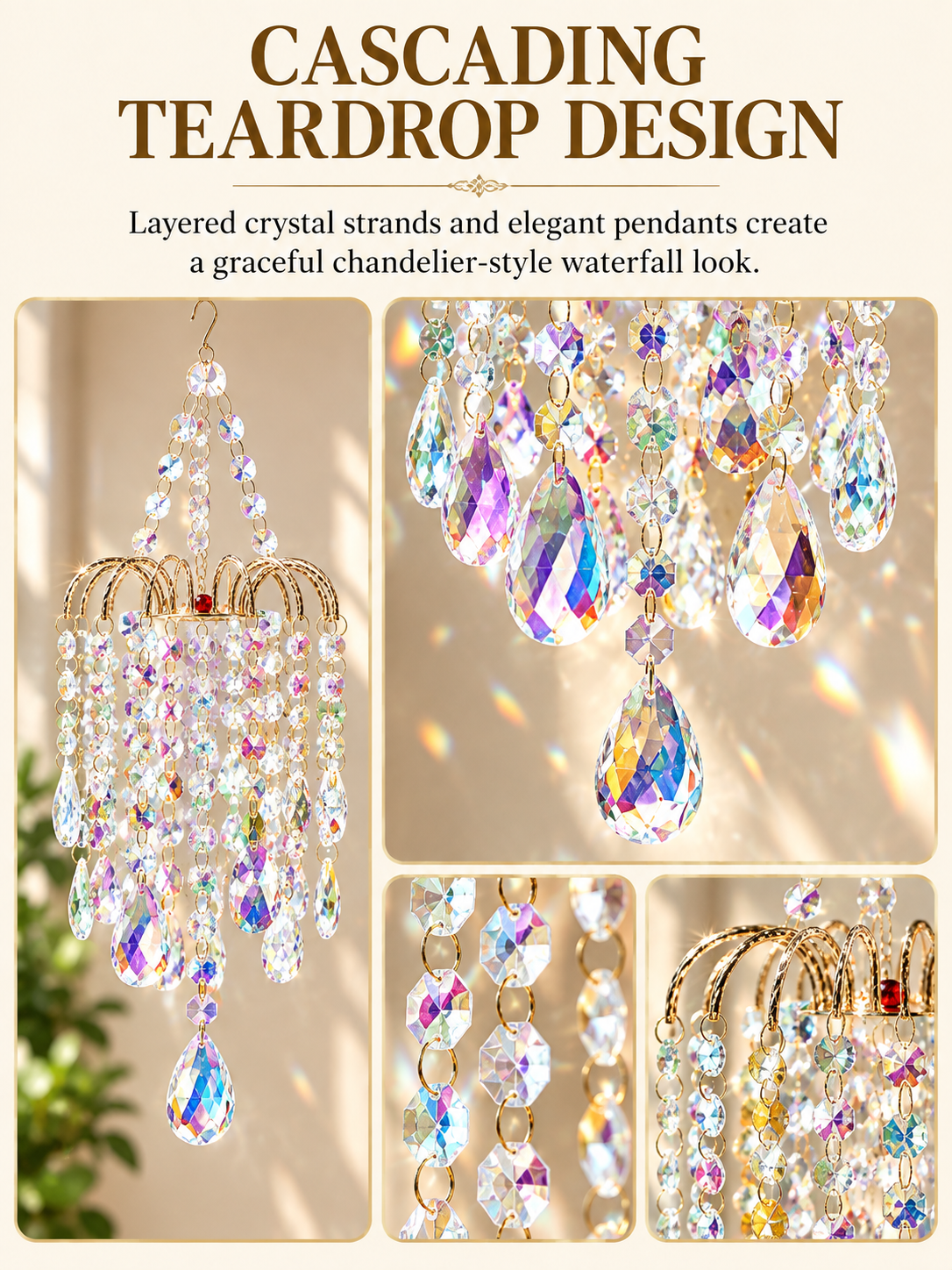 ✨ Home Decor Deal – Hanging Crystal Sun Catcher 🌈 Elegant Gold-Tone Window Ornament for Beautiful Rainbow Light Reflections 💎
