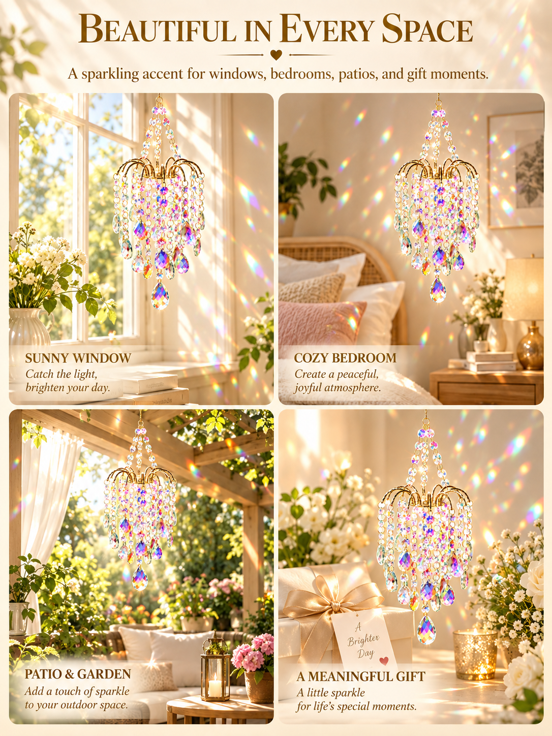 ✨ Home Decor Deal – Hanging Crystal Sun Catcher 🌈 Elegant Gold-Tone Window Ornament for Beautiful Rainbow Light Reflections 💎