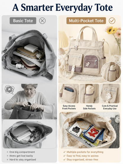 🎒 Canvas Tote Bag-Cute Lightweight Multi Pocket Crossbody Shoulder Bag for School Work Travel & Everyday Essentials