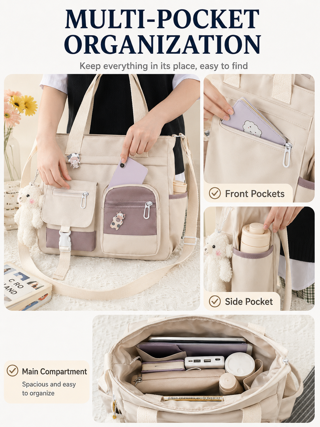 🎒 Canvas Tote Bag-Cute Lightweight Multi Pocket Crossbody Shoulder Bag for School Work Travel & Everyday Essentials