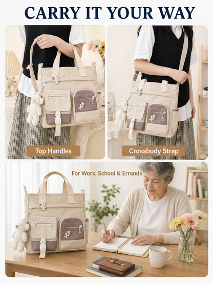 🎒 Canvas Tote Bag-Cute Lightweight Multi Pocket Crossbody Shoulder Bag for School Work Travel & Everyday Essentials