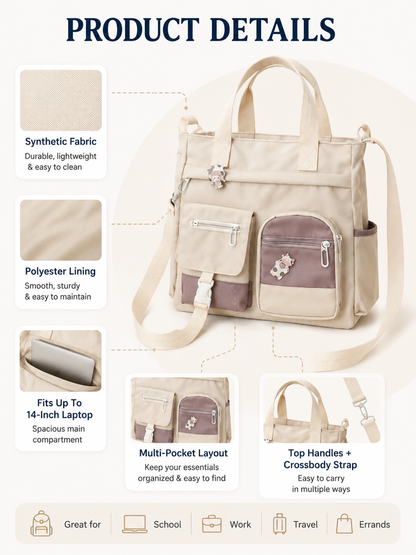 🎒 Canvas Tote Bag-Cute Lightweight Multi Pocket Crossbody Shoulder Bag for School Work Travel & Everyday Essentials