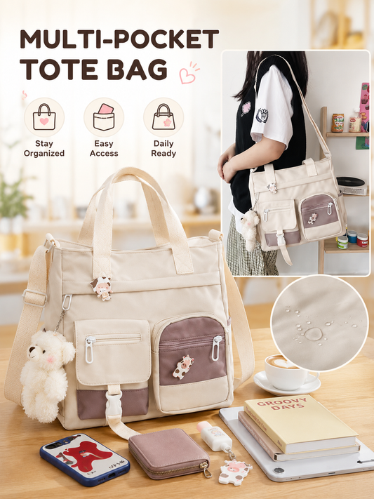 🎒 Canvas Tote Bag-Cute Lightweight Multi Pocket Crossbody Shoulder Bag for School Work Travel & Everyday Essentials
