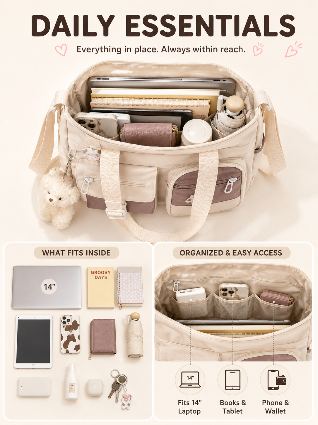 🎒 Canvas Tote Bag-Cute Lightweight Multi Pocket Crossbody Shoulder Bag for School Work Travel & Everyday Essentials