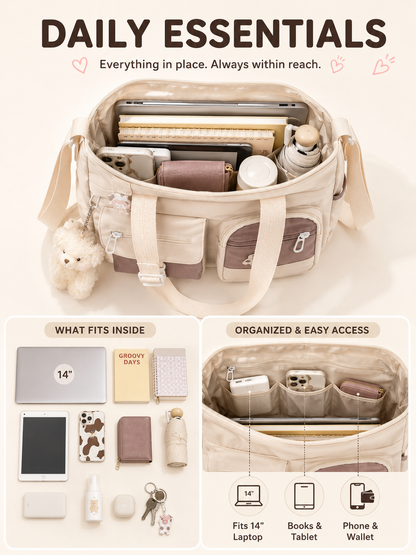🎒 Canvas Tote Bag-Cute Lightweight Multi Pocket Crossbody Shoulder Bag for School Work Travel & Everyday Essentials