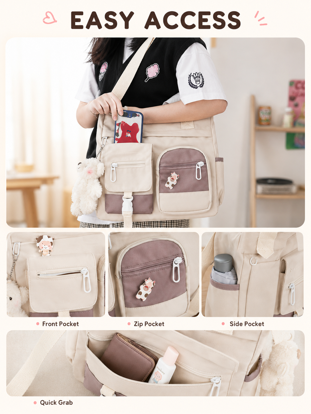 🎒 Canvas Tote Bag-Cute Lightweight Multi Pocket Crossbody Shoulder Bag for School Work Travel & Everyday Essentials