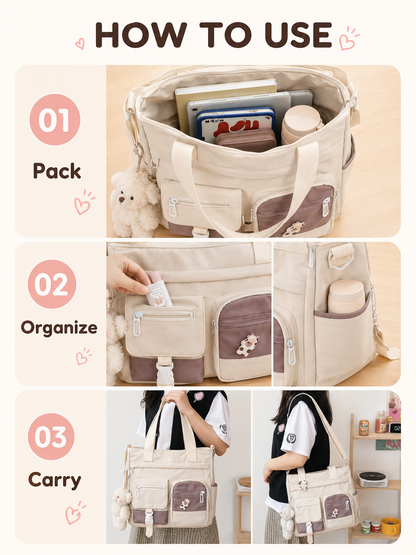🎒 Canvas Tote Bag-Cute Lightweight Multi Pocket Crossbody Shoulder Bag for School Work Travel & Everyday Essentials