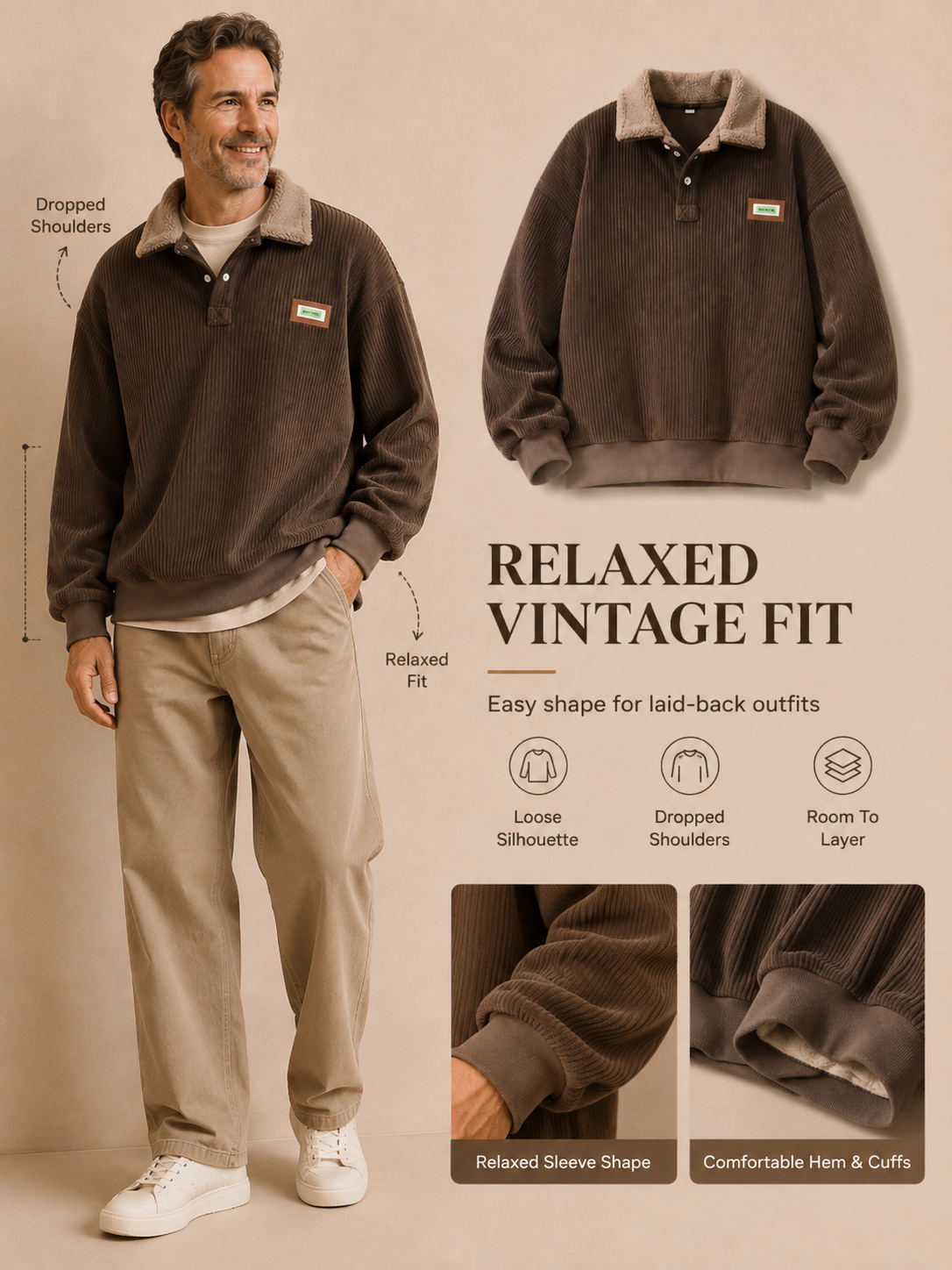 🍂 Autumn Winter Corduroy Sweater 🧥🤎 Cozy Fleece Lined Stylish Vintage Streetwear Long Sleeve Outfit