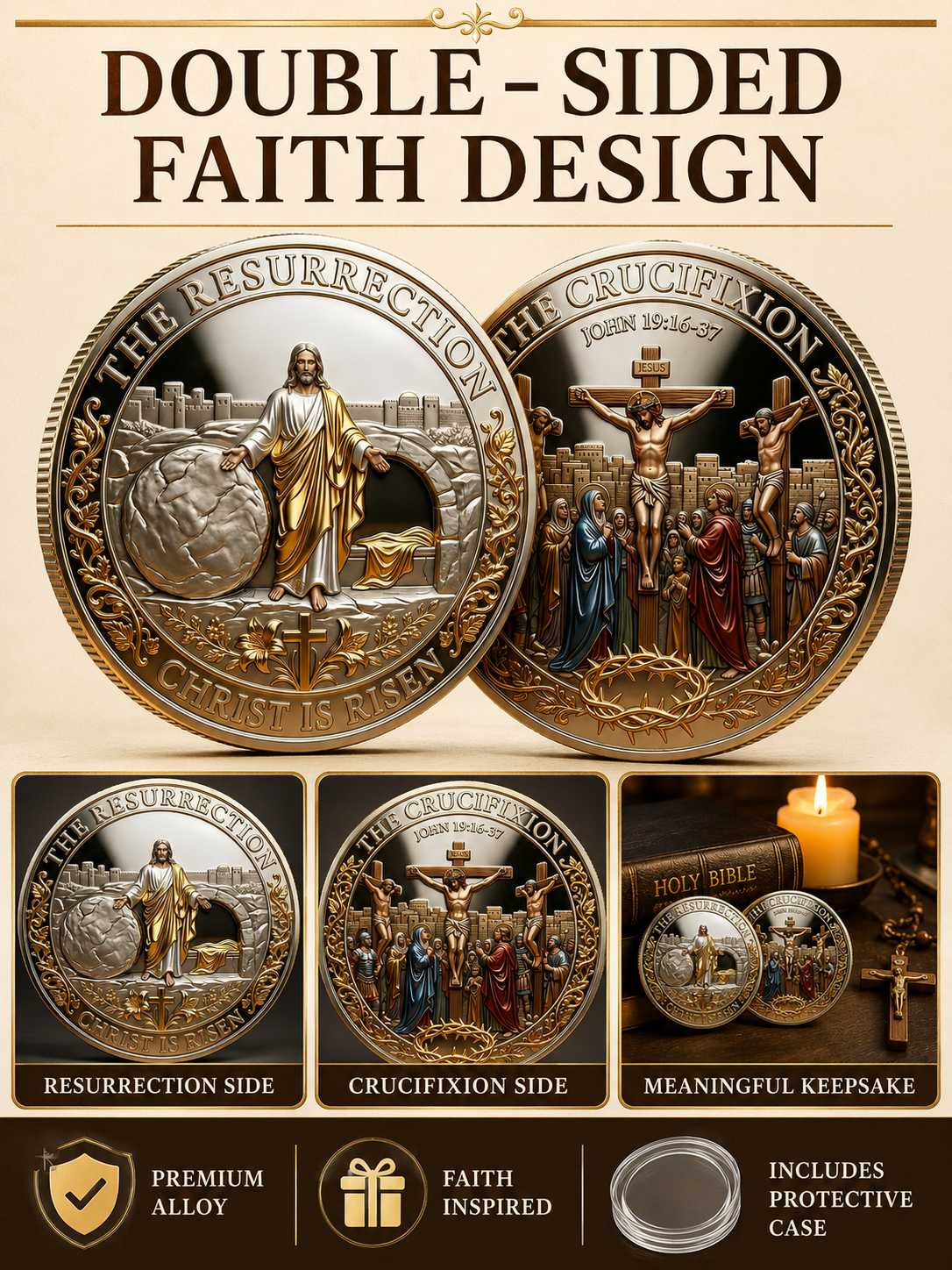 ✝️ Easter Memorial Coin  🙏🌸 Cross Design Religious Alloy Keepsake Collectible Decorative Gift for Home Church & Family