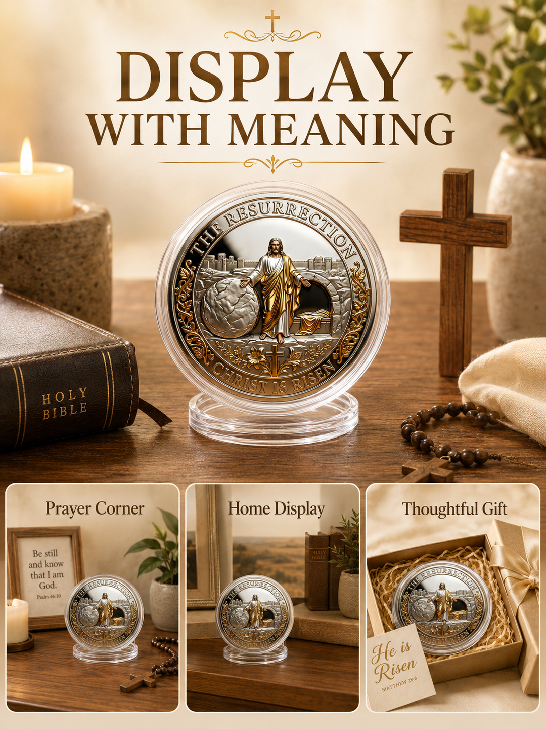 ✝️ Easter Memorial Coin  🙏🌸 Cross Design Religious Alloy Keepsake Collectible Decorative Gift for Home Church & Family