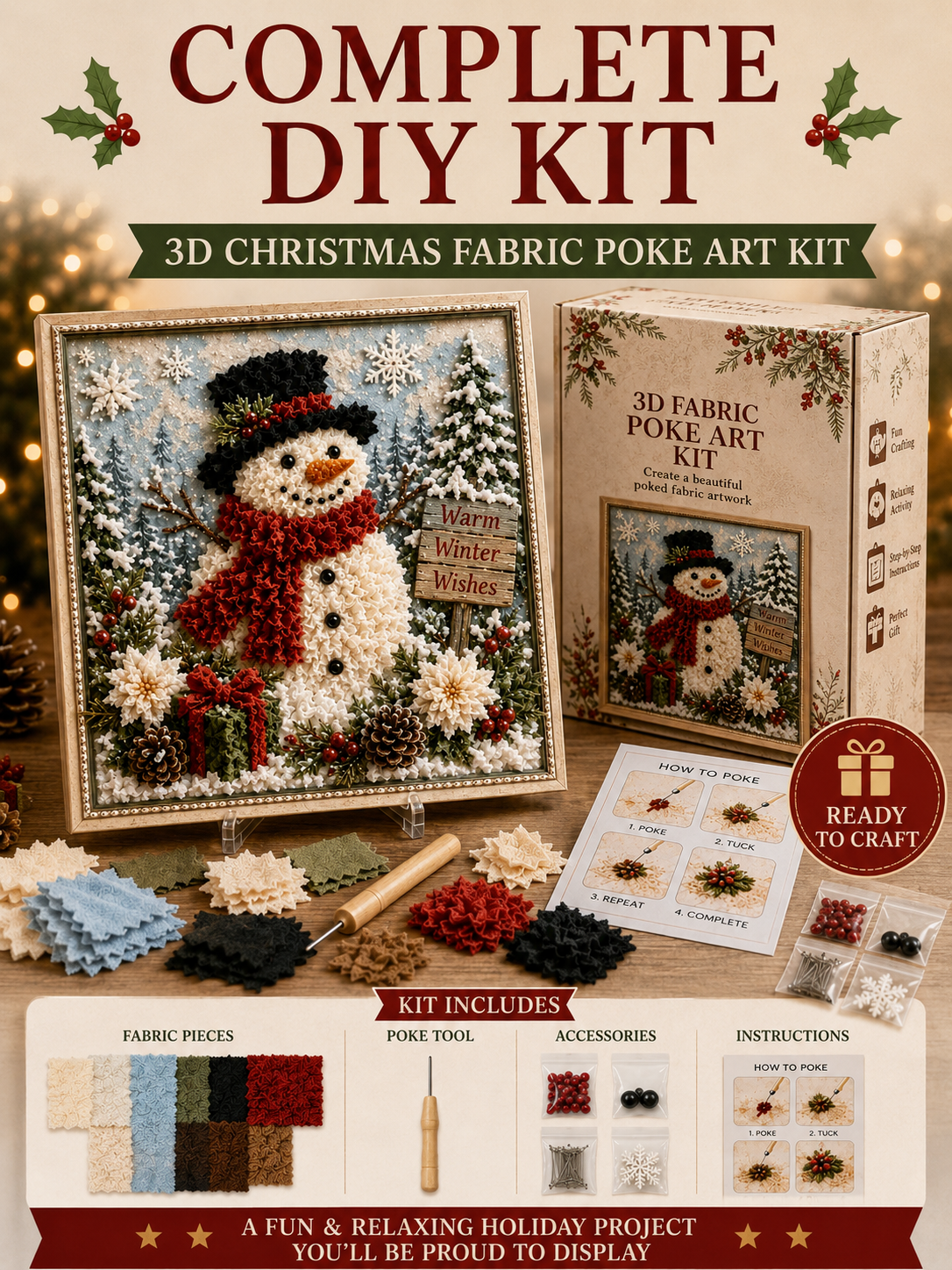 🎄 Christmas Poke Art Kit ⛄🎁 DIY Snowman Embroidery Craft Handmade Holiday Wall Decor for Beginners & Adults