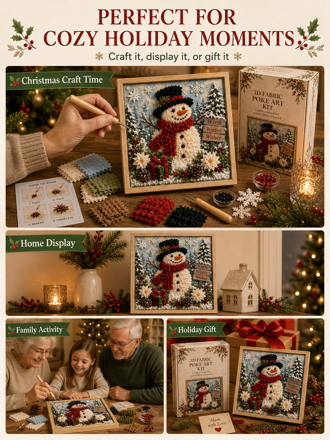 🎄 Christmas Poke Art Kit ⛄🎁 DIY Snowman Embroidery Craft Handmade Holiday Wall Decor for Beginners & Adults